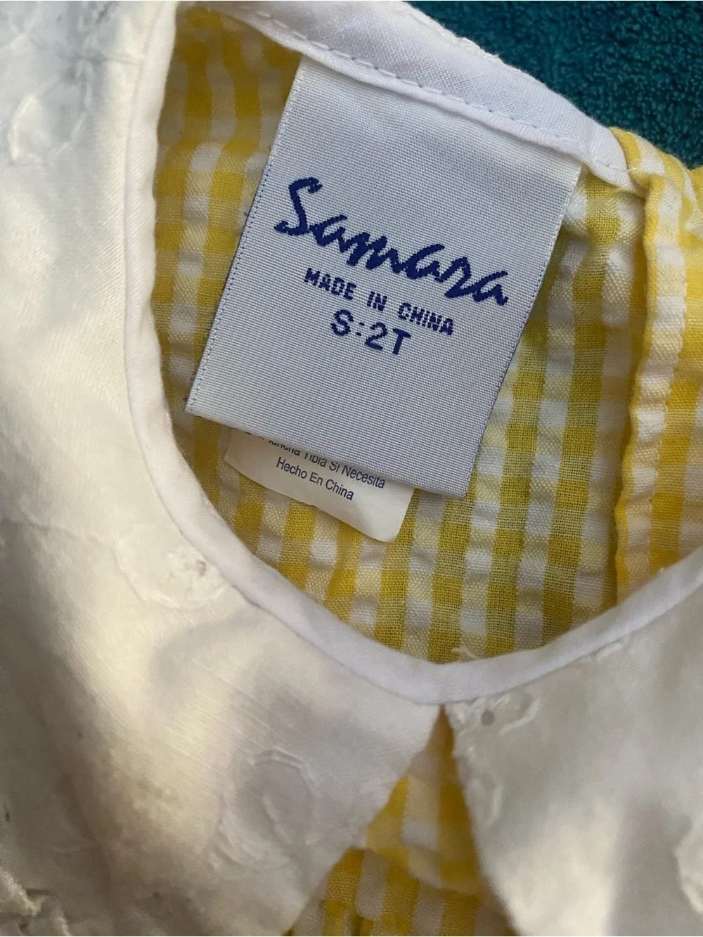 Yellow Gingham Seersucker Samara Girls' Dress with Pink Flower Appliqués Size 2T